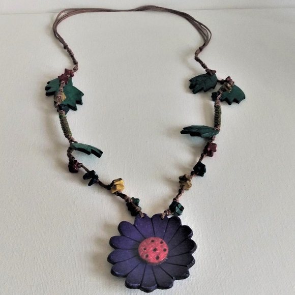 Multi-Colored Coconut Shell Flower Necklaces-Rounded Petals - Picture 2 of 7